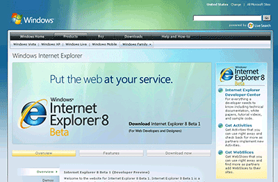 Internet Explorer 8 BetaFHome Page